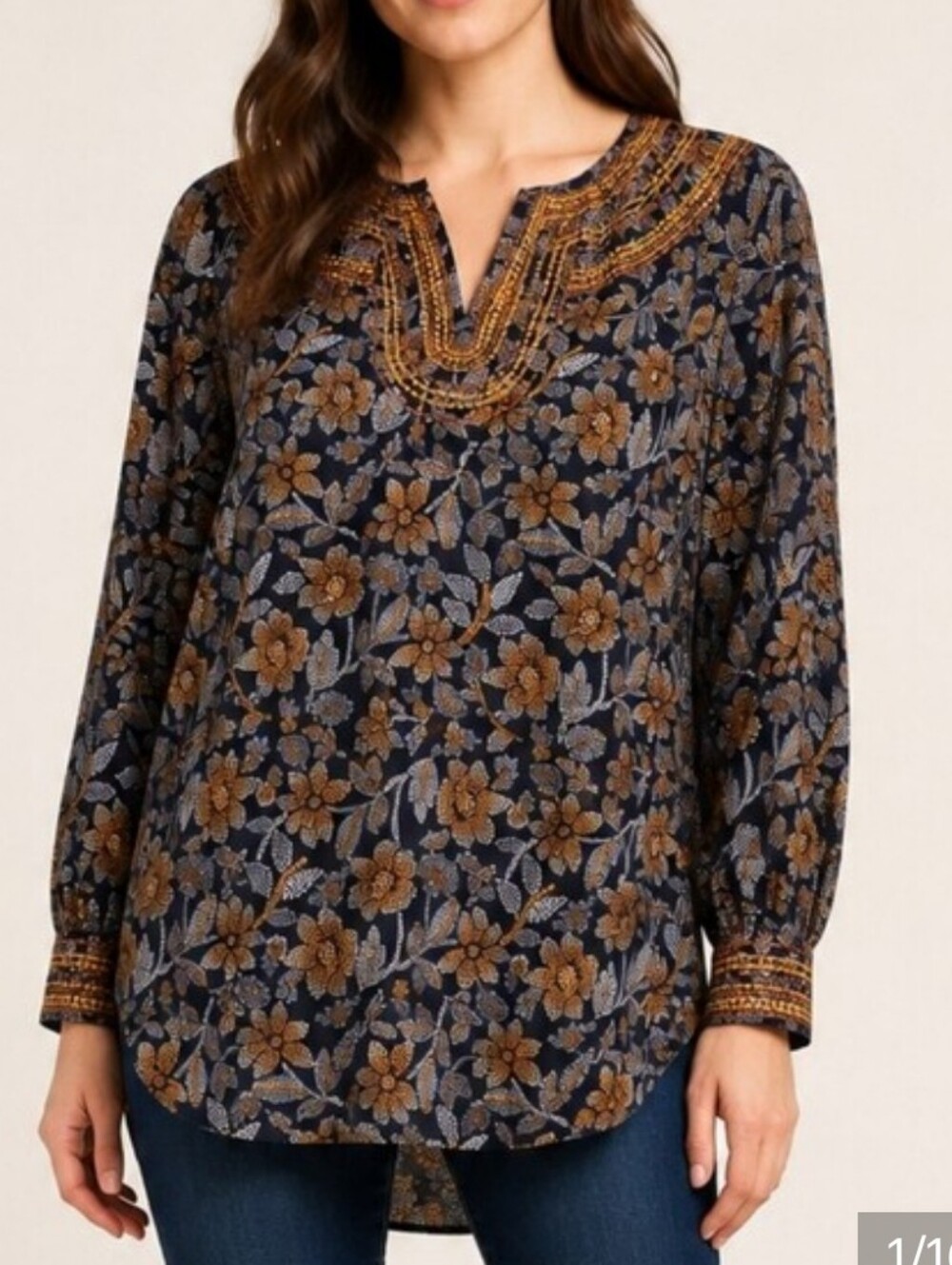 Pure Jill Split Neck Tunic Navy Floral Embroidered V-Neck Plus 2x Tunic Boho Sof